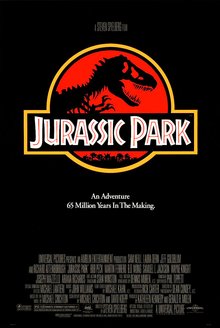 Affiche originale de Jurassic Park (1993), avec le squelette de tyrannosaure qui deviendra le logo de toute la franchise Affiche originale de Jurassic Park (1993), avec le squelette de tyrannosaure qui deviendra le logo de toute la franchise